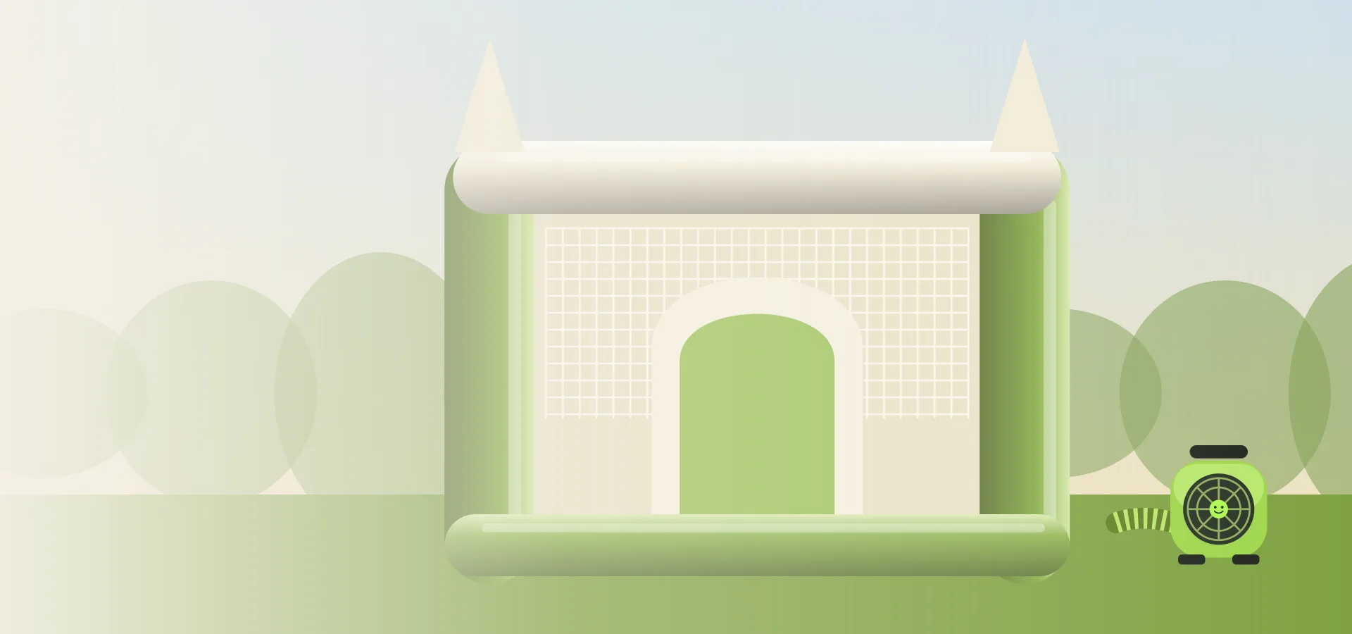 The Boppa arena seen from outside: a puffy cream gate with green pillars on a lawn, an air pump beside it